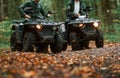 Two male atv riders is in the forest together Royalty Free Stock Photo