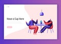Two Male Businessman Colleague Chatting during Cup of Coffee or Tea Break at Cafe Table Landing Page. Man Friend Dialog