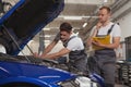 Two male mechanics working at the garage