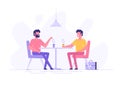 Two male colleagues chatting during coffee breaks at a table in a cafe. Modern flat vector illustration