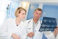 Two male doctors reviewing x-ray in hospital corridor Royalty Free Stock Photo