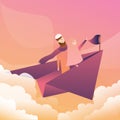 Two male female couple fly on paper airplanes at sunset. muslim wearing hijab scarf