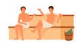 Two male friends talking and relaxing at sauna or banya vector flat illustration. Men wrapped in towels sitting on