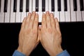 Two male hands on the piano. palms lie on the keys and play the keyboard instrument in the music school. student learns to play. Royalty Free Stock Photo