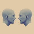 Two male heads facing each other