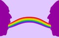 Two male heads in profile with a rainbow from the mouth. Funny illustration for the design. Rainbow symbol of the LGBT movement. G