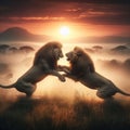 Two male lions fighting at dawn, on the savannah Royalty Free Stock Photo