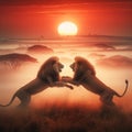 Two male lions fighting at dawn, on the savannah