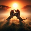 Two male lions fighting at dawn, on the savannah