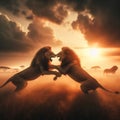 Two male lions fighting at dawn, on the savannah