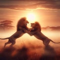 Two male lions fighting at dawn, on the savannah