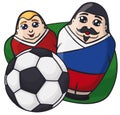 Male Matryoshka Dolls with Russian Colors behind a Soccer Ball, Vector Illustration