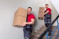 Two Male Movers Walking Downward With Boxes On Staircase Royalty Free Stock Photo