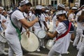 NOTTING HILL, LONDON - AUGUST 27, 2018: Drummers in sailor outfits play drums together in parade band at Notting Hill Carnival.