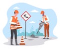 Two male road workers repairing asphalt