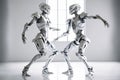 Two male robots dancing. Couple or friends. Artificial intelligence, digital technology. Digital smart world metaverse