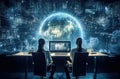 Two Male Software Engineers Discuss Live Analysis. Managers and Data Scientists Collaborate in a Modern Monitoring
