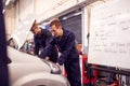 Two Male Students Studying For Auto Mechanic Apprenticeship At College Working On Car Engine Royalty Free Stock Photo