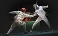 Two man fencing athlete fight on professional sports arena Royalty Free Stock Photo