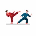 Two man fighting in karate, kungfu or pencak silat traditional martial arts from asian, championship cartoon flat illustration vec