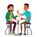 Friends In Cafe Vector. Two Man. Drinking Coffee. Bistro, Cafeteria. Coffee Break Concept. Lifestyle. Communication Royalty Free Stock Photo