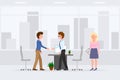 Two man hands shaking meeting with woman assistant vector. Partners making negotiation deal at office interior cartoon character Royalty Free Stock Photo