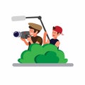 Two man hiding in the bushes and holding camera to recording, cameraman capture moment in candid flat cartoon illustration vector