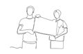 Two man holding a blank poster at a meeting protesting. people with protest signboard banner standing line vector drawing. One