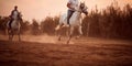 Two man on a horse at sunset.Rider on horse in the field