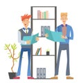 Two man office workers in casual clothes standing at the shelf with folders and holding documents. Business vector Royalty Free Stock Photo