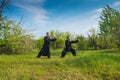 Two man practice tai Chi taijiquan in a apple garden Royalty Free Stock Photo