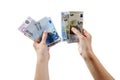 Two man's arms are holding euro money bills Royalty Free Stock Photo