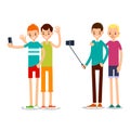 Two man selfie isolated. Friends do joint self-portrait photograph. Happy smiling young man taking selfie photo. Set illustration