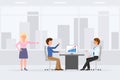Two man sitting, meeting, discussing in office workplace vector. Woman standing, pointing, boy, guy talking cartoon character