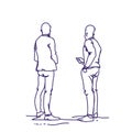 Two Man Standing Back People Sketch Holding Smart Phones Talking Doodle Rear View