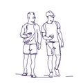 Two Man Standing Hold Smart Phones Talking Sketch Guys Doodle