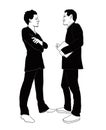 Two man talking while standing black and white illustration