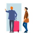 Two man arriving from business travel inside the front door