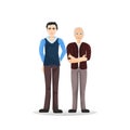 Two Man Young Senior Full Length, Cartoon Male Isolated On White Background