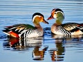 Two mandarin ducks floating on the lake