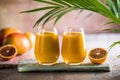 Two mango lassi or kesar milk in glasses. Indian healthy ayurvedic cold drink with mango. Freshness lassi made of yogurt, water,