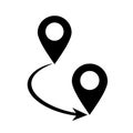 Two map location pins connected by a bidirectional arrow indicating a route or connection Royalty Free Stock Photo
