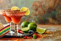 Two margaritas with lime slices in the middle of a table Royalty Free Stock Photo
