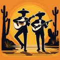 Two mariachi singers play guitars in the desert, creating a happy musical event