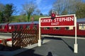 Platform sign and coaches Kirkby Stephen East station Cumbria