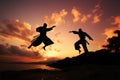 Two martial artists gracefully perform karate moves beneath a radiant sunset