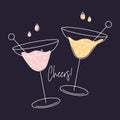 Two martini cocktails with olives and the word Cheers. Drink icon, holiday illustration