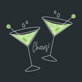 Two martini cocktails with olives and the word Cheers. Drink icon, holiday illustration