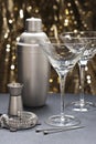 Two Martini glasses with bartender tools Royalty Free Stock Photo