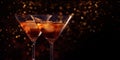 Two martini glasses in front of red bokeh background. Luxury cocktail drink in restaurant bar with night lights blur. Classy Royalty Free Stock Photo